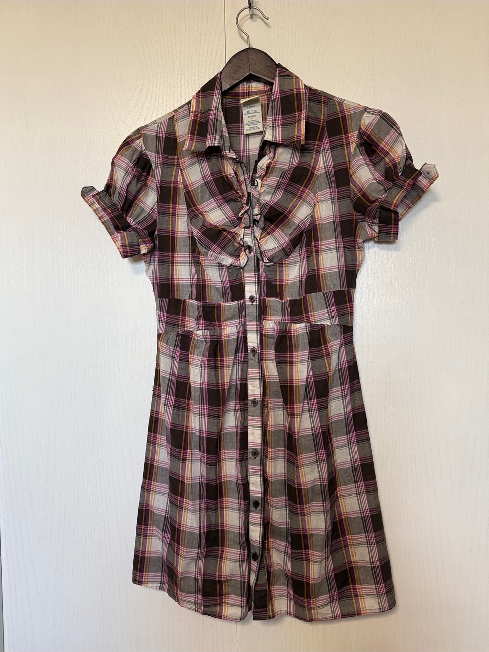 Plaid Button-Front Ruffle Shirt Dress in Brown and Pink/Purple